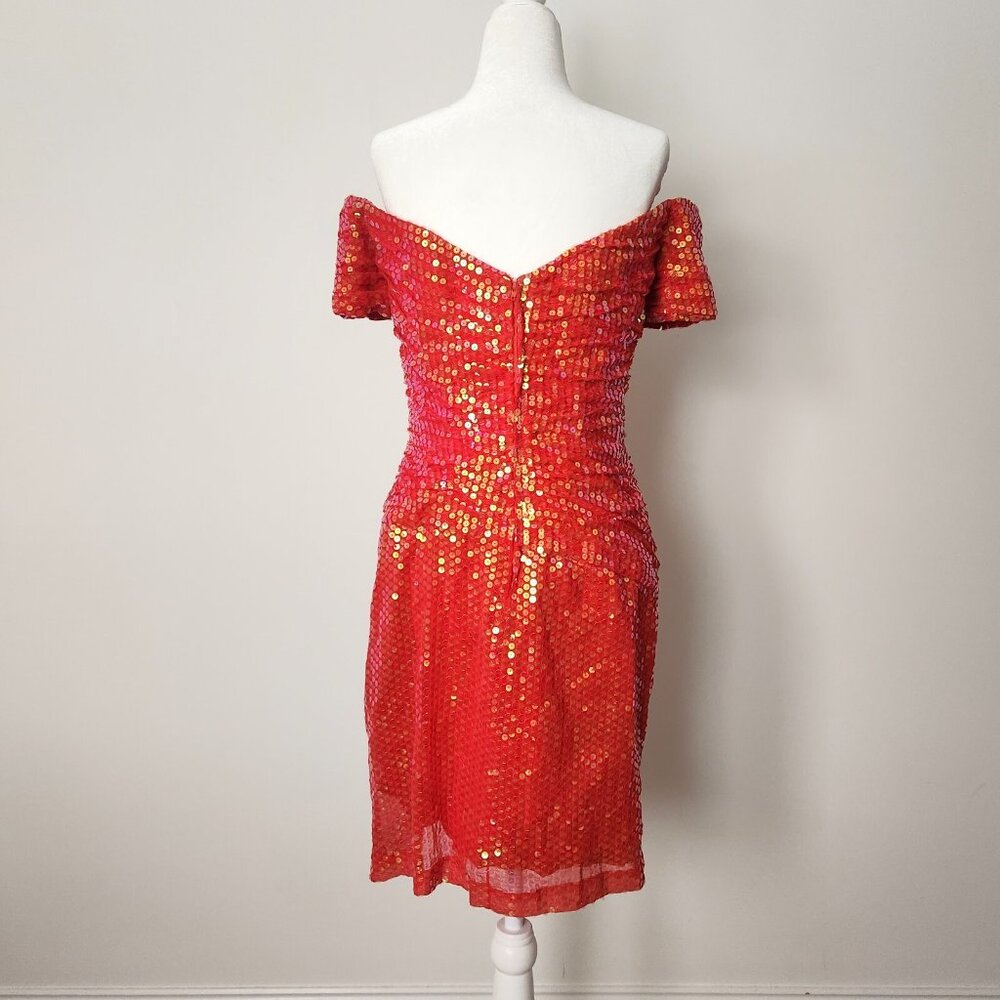 Vtg 90s Vicky Tiel Red Sequin Dress Sz‎ 44 Paris Couture Off Shoulder Cocktail - Picture 5 of 16